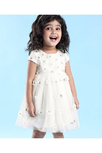 Babyhug Babyhug Cap Sleeves Floral 3 D Applique Party Frock - White