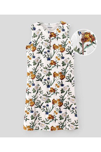 Primo Gino Primo Gino Cotton Elastane Sleeveless All Over Digital Print Dress with Zipper - Off White