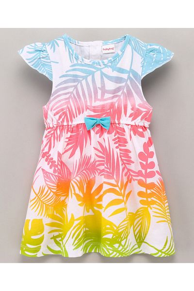 Babyhug Babyhug Cap Sleeves Frock with Bow Leaf Print- Multicolor
