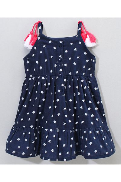 Babyhug Babyhug Sleeveless 100% Cotton Frock with Tassles Star Print - Navy Blue