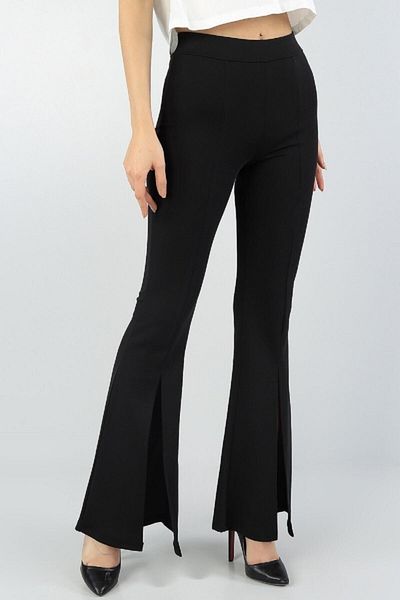 bysevensail Bss Women's Black Stretch Fabric Spanish Cut Slit Leg Detailed Leggings