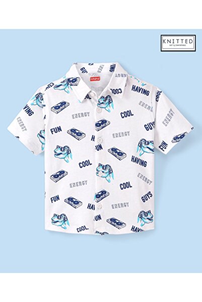 Babyhug Babyhug 100% Cotton Knit Half Sleeve Shirt With Cool Dino Print - Blue & White