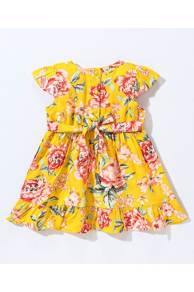 Babyhug Babyhug 100% Viscose Rayon Short Cap Sleeves Frock with Corsage Detailing  Floral Print - Yellow