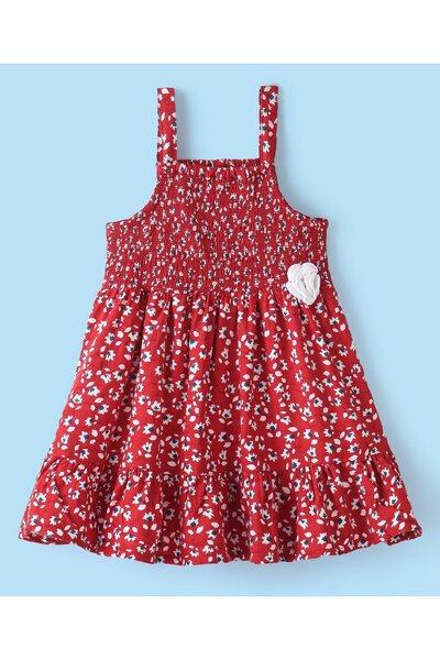 Babyhug Babyhug Rayon Frock with Half Sleeves Inner Tee Floral Printed - Red & White