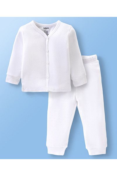 Babyoye Babyoye Cotton Knit Full Sleeves Ponytail Solid Front Open Thermal Vest & Pajama - White
