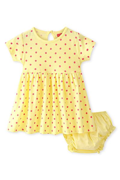 Babyhug Babyhug 100% Cotton Short Sleeves Frock With Bloomer Dots Print - Yellow