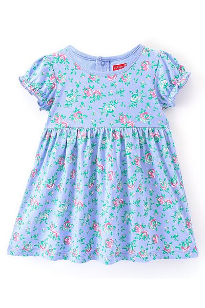 Babyhug Babyhug Cotton Knit Half Sleeves Frock with Bloomer & Hairband Floral Printed - Blue