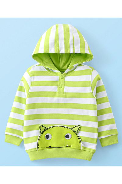 Babyhug Babyhug Single Jersey Knit Full Sleeves Hooded Striped T-Shirt with Patch & Lounge Pant Set - Lime