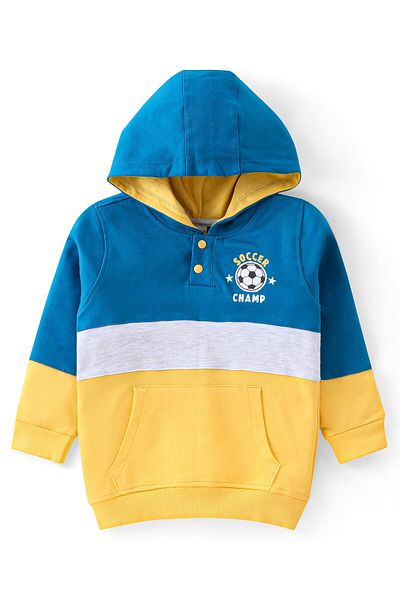 Babyhug Babyhug Knit Full Sleeve HoodColor Block T-Shirt Kangaroo Pocket & Lounge Pants Set Solid Color-Navy