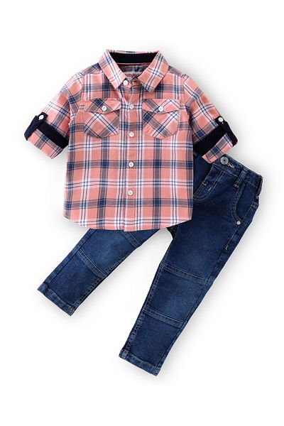 Babyhug Babyhug 100% Cotton Knit Full Sleeves Shirt & Jeans Checkered - Multicolor