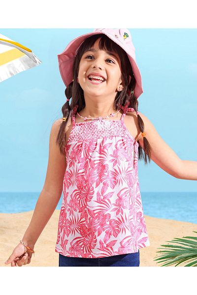 Babyhug Babyhug Cotton Sleeveless Tropical Print Top & Full Length Denim Jeans - Pink & Blue
