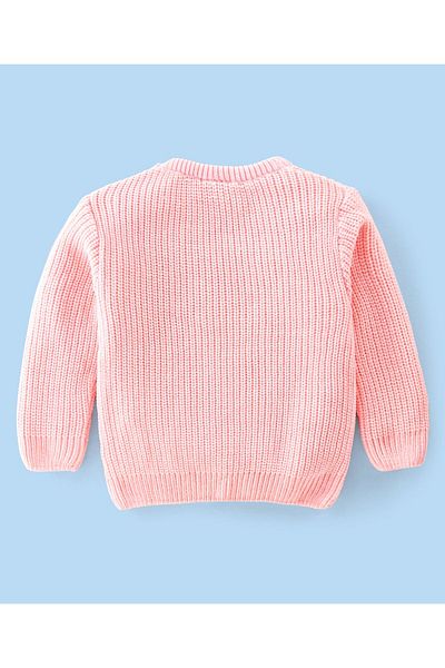 Babyhug Babyhug Knitted Full Sleeves Sweater With Floral Embroidery - Peach