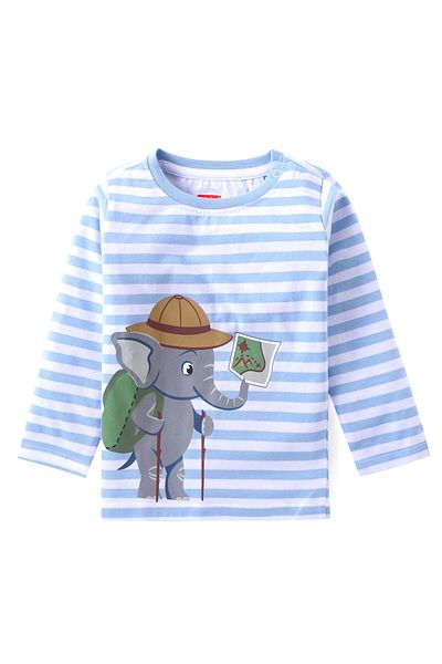 Babyhug Babyhug Cotton Knit Full Sleeves Striped T-Shirt & Pants Set With Elephant Print - Blue & Grey