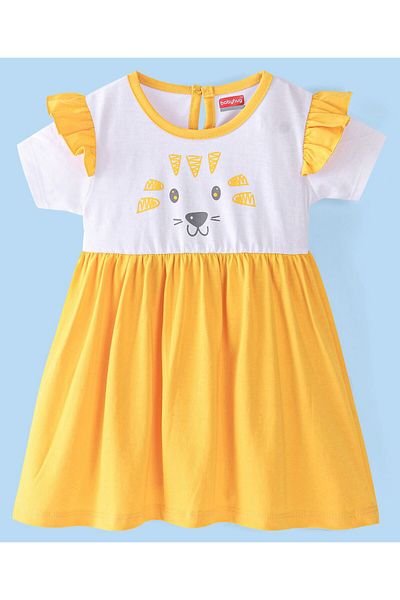 Babyhug Babyhug 100% Cotton Half Sleeves Frock with Bloomer Lion Print - Yellow