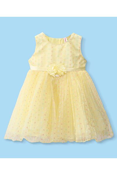 Babyhug Babyhug Sleeveless Sequin Embroidered Party Frock with Floral Applique - Yellow