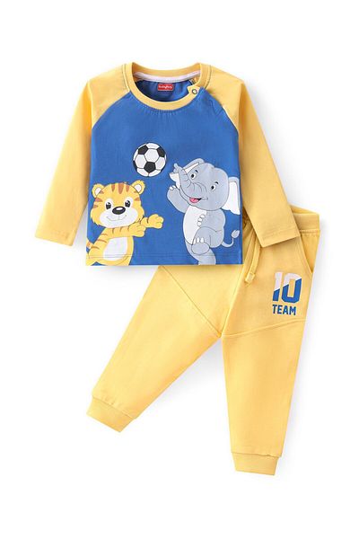 Babyhug Babyhug 100% Cotton Knit Raglan Sleeves Graphic T-Shirt & Lounge Pant Set - Blue & Yellow