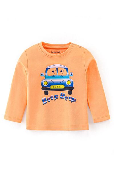 Babyoye Babyoye 100% Cotton Knit Eco Jiva Finish Full Sleeve T-Shirt and Lounge Pant Stripes & Car -Orange