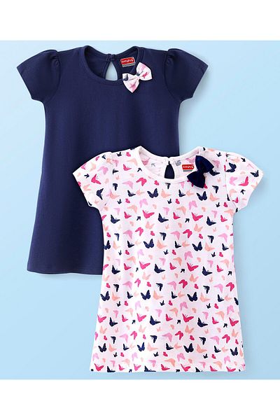Babyhug Babyhug 100% Cotton Single Jersey Knit Half Sleeves Frock Butterfly Print Pack Of 2 - Blue & White
