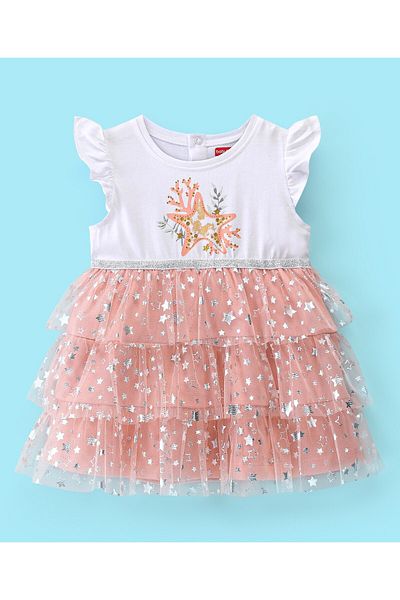 Babyhug Babyhug 100% Cotton Single Jersey Knit Half Sleeves Mesh Dress Star Print - Peach