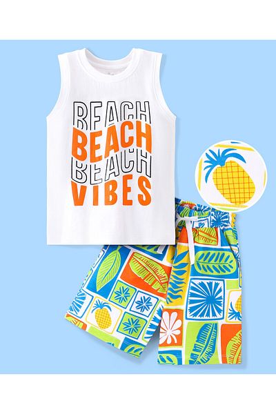 Ollington St. Ollington St. 100% Cotton Knit Sleeveless T-Shirt & Shorts Set Text & Pineapple -White & Multicolor