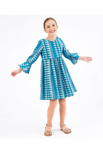 Primo Gino Primo Gino Three Fourth Sleeves Frock Geometric Design - Blue