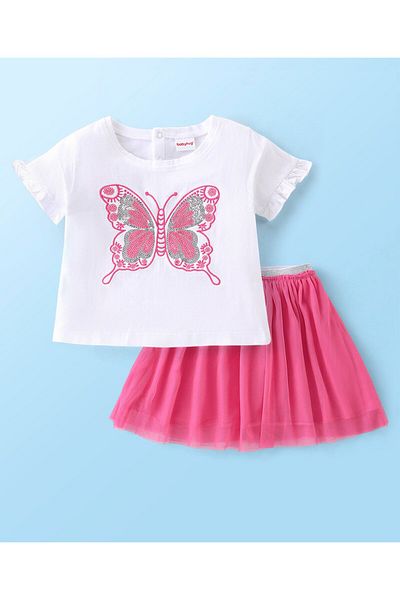 Babyhug Babyhug Cotton Knit Half Sleeves Top and Skirt with Butterfly Embroidered - White & Pink