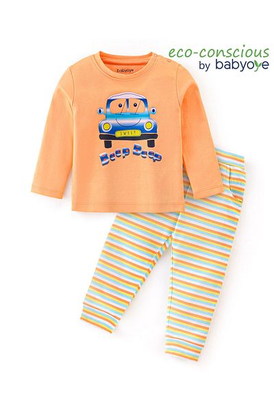 Babyoye Babyoye 100% Cotton Knit Eco Jiva Finish Full Sleeve T-Shirt and Lounge Pant Stripes & Car -Orange