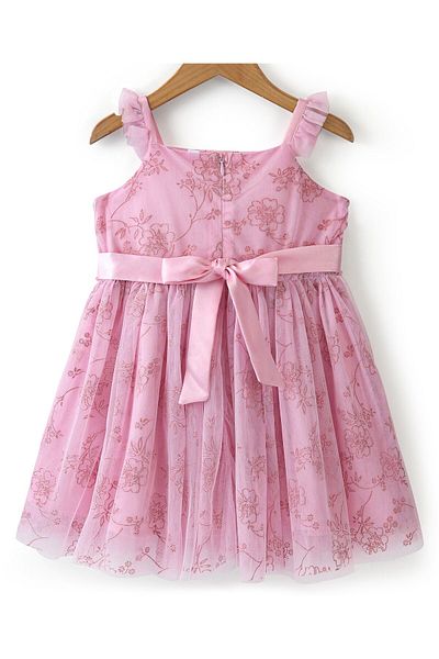 Babyhug Babyhug Sleeveless Floral Glitter Printed Party & Applique Frock - Pink