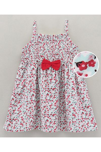 Babyhug Babyhug Singlet Sleeve Rayon Twill Gathered Smocking Frock Cotton Floral Print and Bow Applique-Red