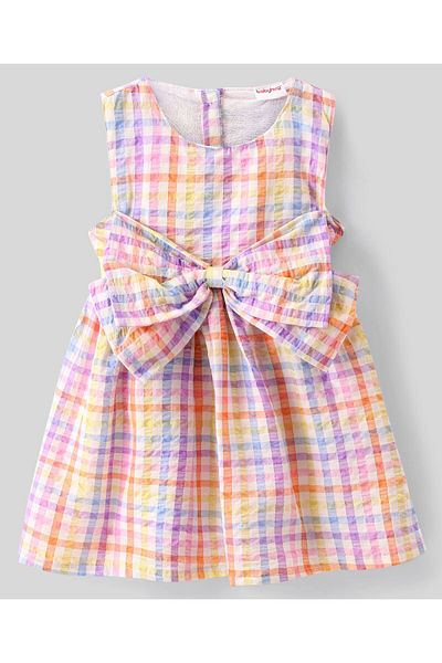 Babyhug Babyhug Seer Sucker Woven Sleeveless Frock With Bow Detailing Checkered - Multicolour