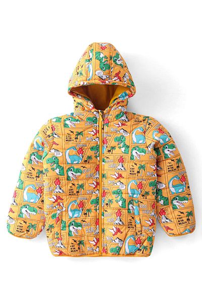 Babyhug Babyhug Woven Full Sleeves Padded Hoodie with Dino Print - Mustard