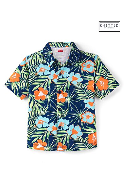 Babyhug Babyhug 100% Cotton Knit Half Sleeve Shirt With Tropical Print - Navy Blue