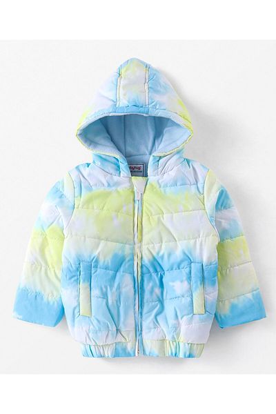 Babyhug Babyhug Woven Full Sleeves Jacket With Hood & Tie  Die Print - Blue White & Green