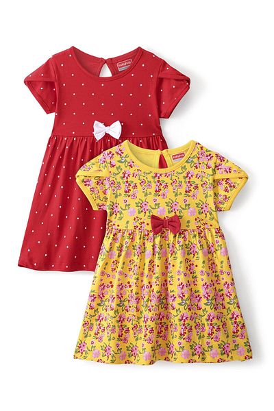 Babyhug Babyhug 100% Cotton Single Jersey Knit Half Sleeve Floral  Frock Bow Pack of 2-Pink & Red