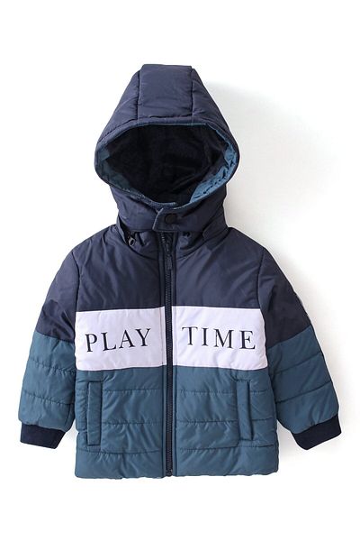 Babyhug Babyhug Woven Full Sleeves Jacket With Detachable Hood & Text Print - Blue & White