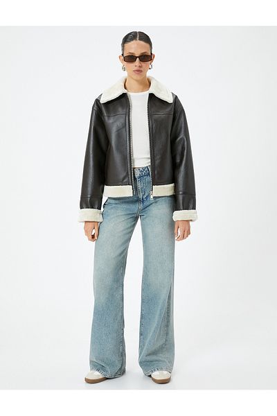 Koton Faux Fur Collar Biker Jacket with Zipper Inside Plush