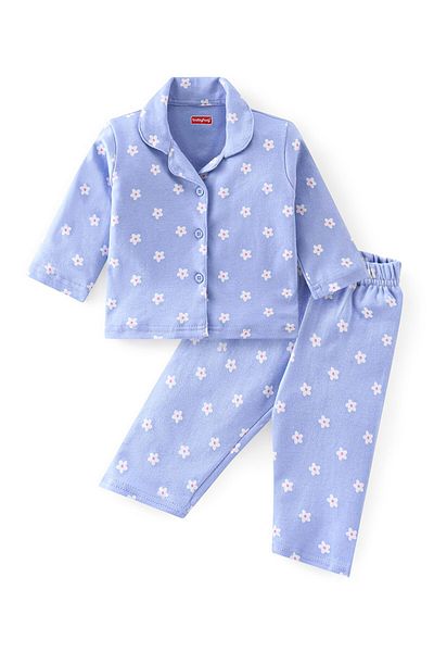 Babyhug Babyhug Cotton Knit Full Sleeves Night Suit With Floral Print - Purple