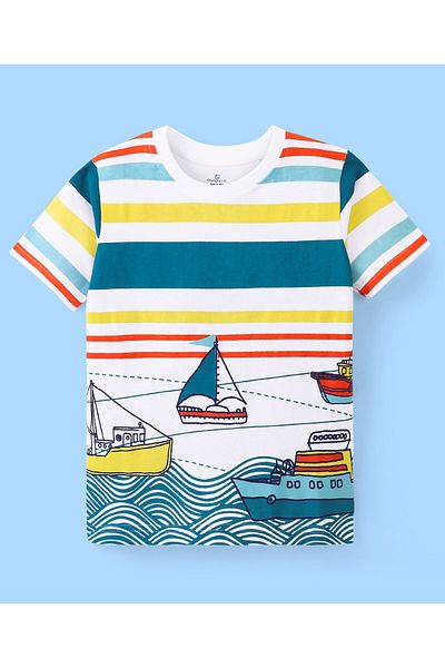 Ollington St. Ollington St. 100% Cotton Knit Half Sleeves T-Shirt & Shorts Set Stripes & Ship Print - Multi Color