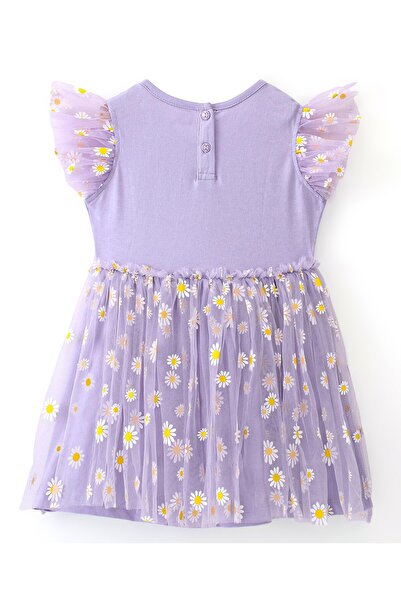 Babyhug Babyhug Knit Short Sleeves Frock with Bloomer with Mesh Detailing Floral Print - Lilac
