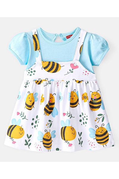 Babyhug Babyhug 100% Cotton Knit Half Sleeves Frock With Bee Print - White & Blue