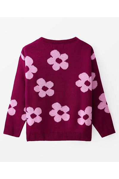 Pine kids Pine Kids Knitted Full Sleeves Pullover Sweater With Floral Design - Maroon