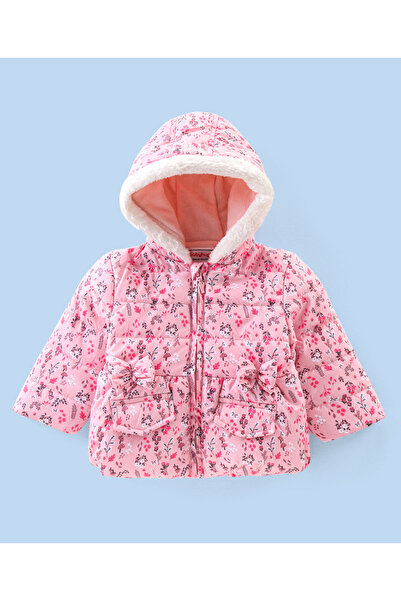 Babyhug Babyhug Full Sleeves Hooded & Padded Jacket With Bow Applique Floral Print- Pink