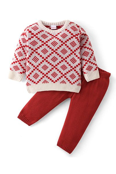Babyhug Babyhug Knitted Full Sleeves Sweater Set with Argyle Design - Red & White