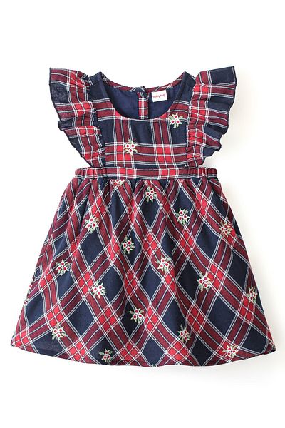Babyhug Babyhug Yarn Dyed Full Sleeves Inner Tee with Dress with Checks & Floral Embroidery - Navy Blue