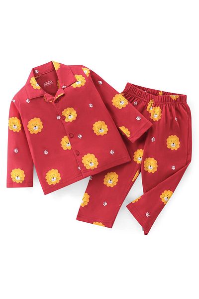 Babyhug Babyhug Cotton Knit Full Sleeves Pyjama Set With Lion Print - Red