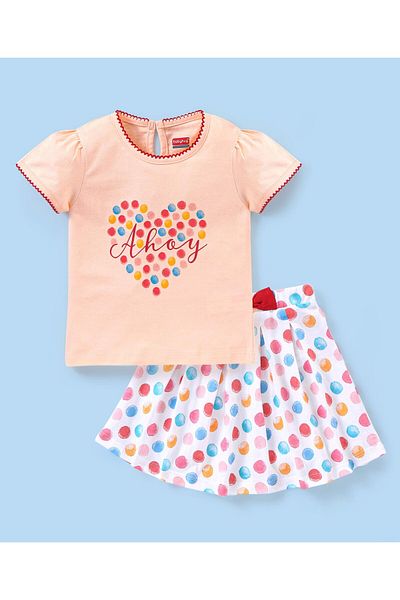Babyhug Babyhug 100% Cotton Knit Half Sleeve Top & Skirt Set Bow Applique & Polka Dots Print-Peach & White