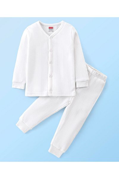 Babyhug Babyhug Cotton Full Sleeve Vest & Legging Thermal Wear Solid Colour - White