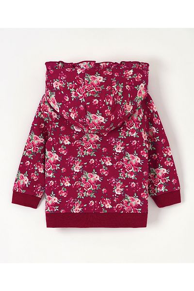 Babyhug Babyhug Cotton Knit Full Sleeves Hooded Jacket Floral Print - Maroon
