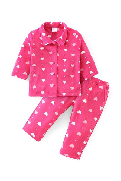 Babyhug Babyhug Hearts Printed Winter Wear Co/ord Set - Fuchsia