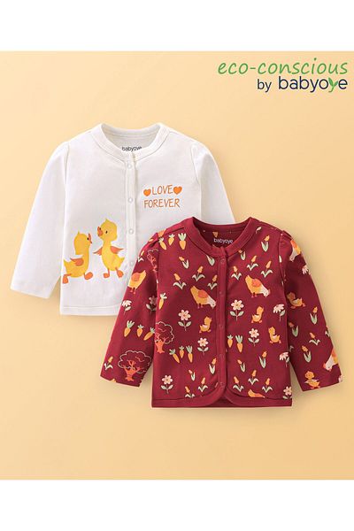 Babyoye Babyoye 100% Cotton With Eco Jiva Finish Full Sleeves Vests Bird Print Pack of 2- Maroon &    White